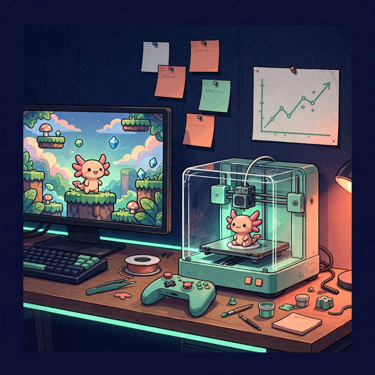 Bounce & Grow Creator Services — game dev workbench with a 3D printer